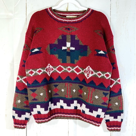 L.L. Bean Vintage 100% Wool Aztec Western Crewneck Sweater Chunky Knit - Picture 2 of 8
